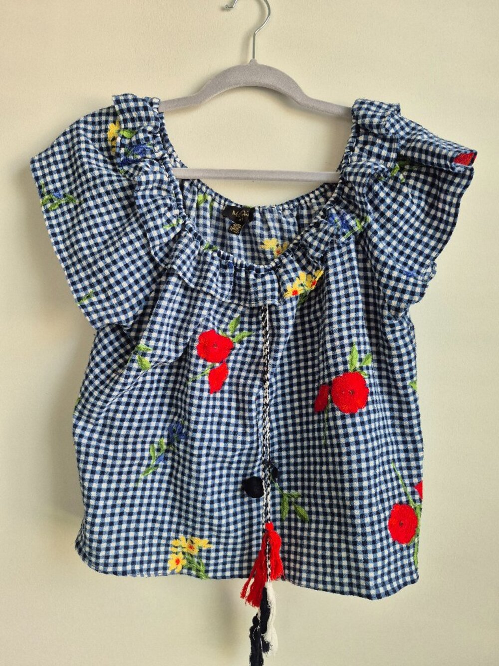 Melissa Paige Embroidered Gingham Off‑Shoulder Top – Women’s Size PL